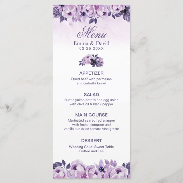 Vattenfärgsmeny Lila Blommigt Vår bröllop Menu Meny (Framsida)