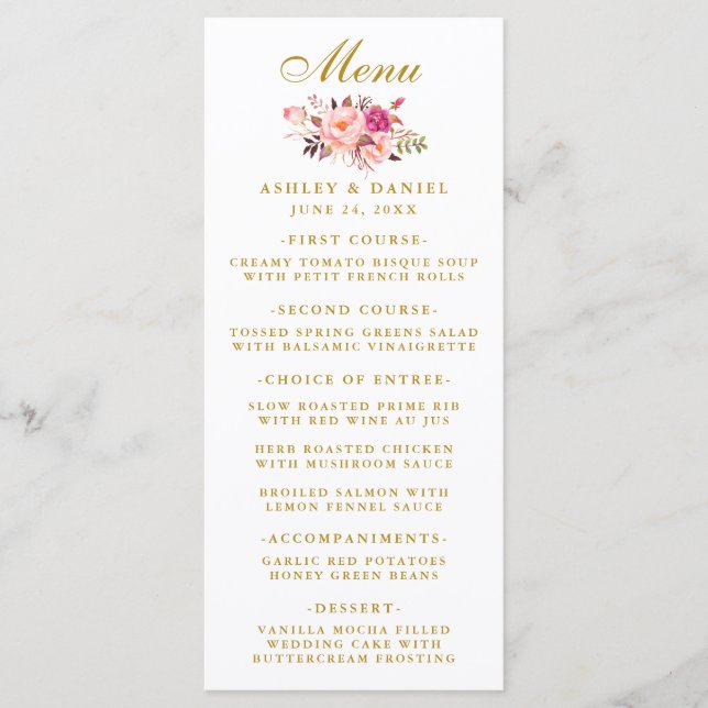Vattenfärgsmeny Rosa  Blommigt Bröllop Guld Meny (Framsida)