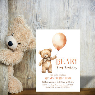 Vattenfärgsminimalistisk Beige Beary Första födels Inbjudningar