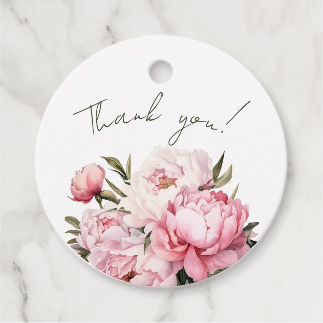 Vattenfärgsminimalistisk peonbabydusch gåvor etiketter (Framsida)