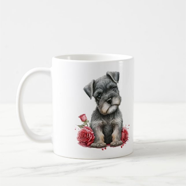 Vattenfärgsminister Schnauzer med Röd ros Kaffemugg (Vänster)