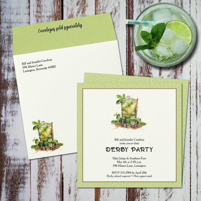 Vattenfärgsminkad Mint Julep-derby Inbjudningar (Watercolor Mint Julep Derby Square Invitations (Envelopes sold separately))