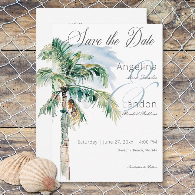 Vattenfärgsmodern Handflatan- och bågscen Spara Datumet (Watercolor Modern Palms & Beach Scene Wedding Save the Date Card)