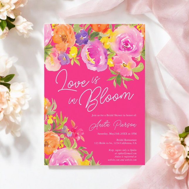 Vattenfärgsmöhippa i nybörjare Rosa med fetstil Inbjudningar (Neon Pink Bold floral watercolor bridal shower Invitation)