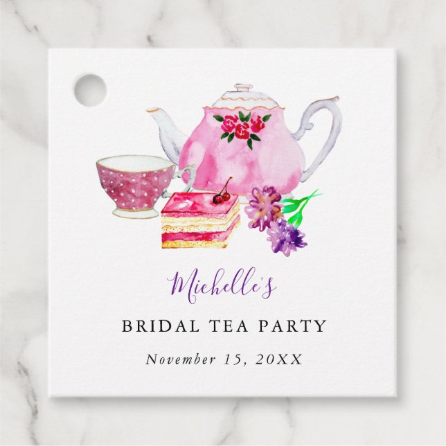 VattenfärgsMöhippa Tea Party Lila Tekanna Gåvor Etiketter (Framsida)