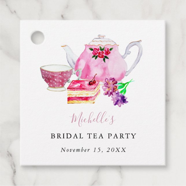 VattenfärgsMöhippa Tea Party Rosa Tekanna Gåvor Etiketter (Framsida)
