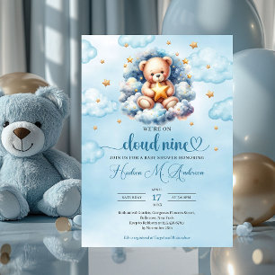 Vattenfärgsmoln för nalle nio Boy Baby Shower Inbjudningar
