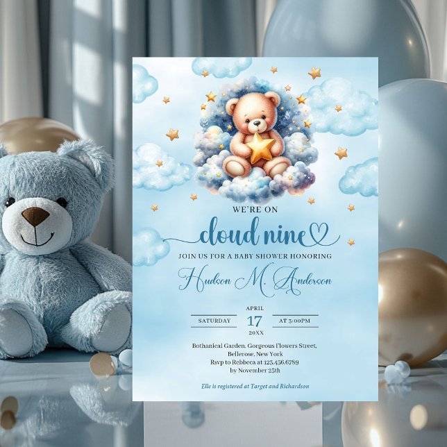 Vattenfärgsmoln för nalle nio Boy Baby Shower Inbjudningar (blue and gold we're on cloud nine boy baby shower invitation)