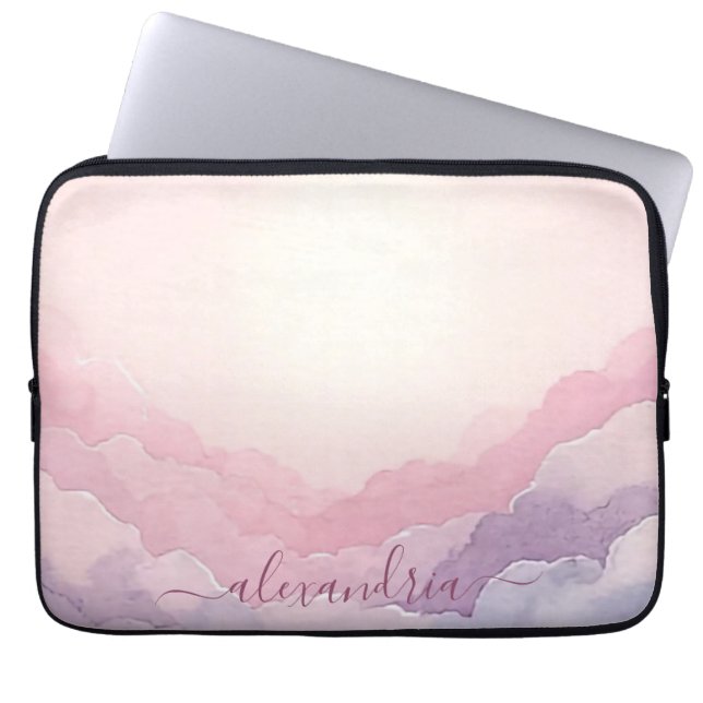 Vattenfärgsmoln Rosa Himmel med Namn Laptop Fodral (Framsidan)