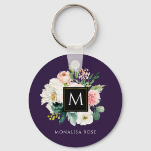 vattenfärgsmonogram för blommigt nyckelring