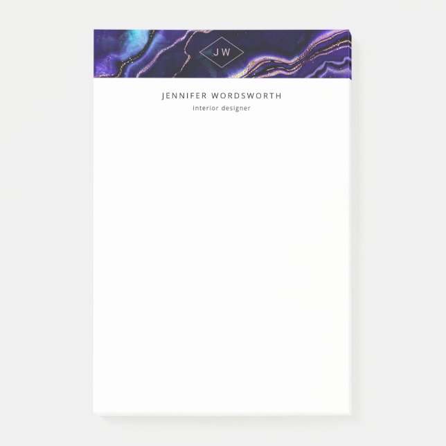 Vattenfärgsmonogram Geode Deep Blue Lila Agate Post-it Block (Framsida)