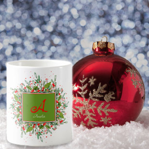 Vattenfärgsmonogram Röd julkaffe Mugg