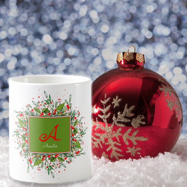 Vattenfärgsmonogram Röd julkaffe Mugg (Skapare uppladdad)