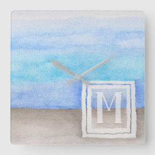 Vattenfärgsmonogram Sea & Sand Blue och Tan Fyrkantig Klocka