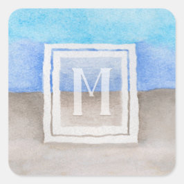 Vattenfärgsmonogram Sea & Sand Blue och Tan Fyrkantigt Klistermärke