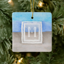 Vattenfärgsmonogram Sea & Sand Blue och Tan Julgransprydnad Keramik