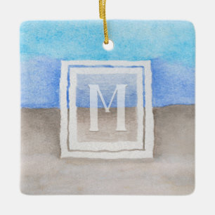 Vattenfärgsmonogram Sea & Sand Blue och Tan Julgransprydnad Keramik