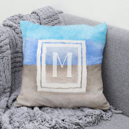 Vattenfärgsmonogram Sea & Sand Blue och Tan Kudde