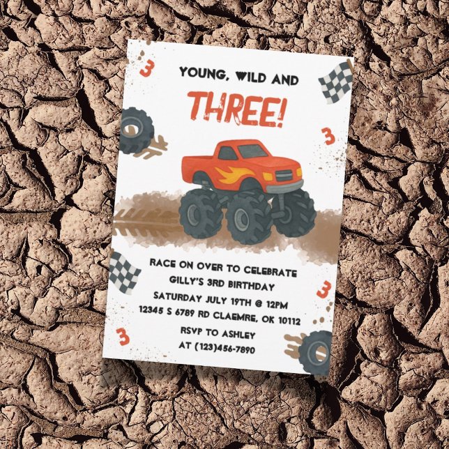 Vattenfärgsmonster Lastbil 3:e födelsedagsinbjudan Inbjudningar (Monster Truck invite design shown with mud and tire track details, perfect for a 3rd birthday!)