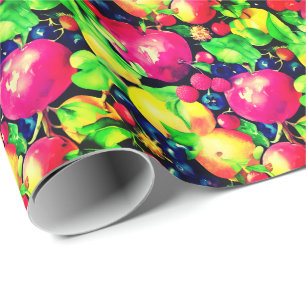 Vattenfärgsmontage på färglösa frukter presentpapper