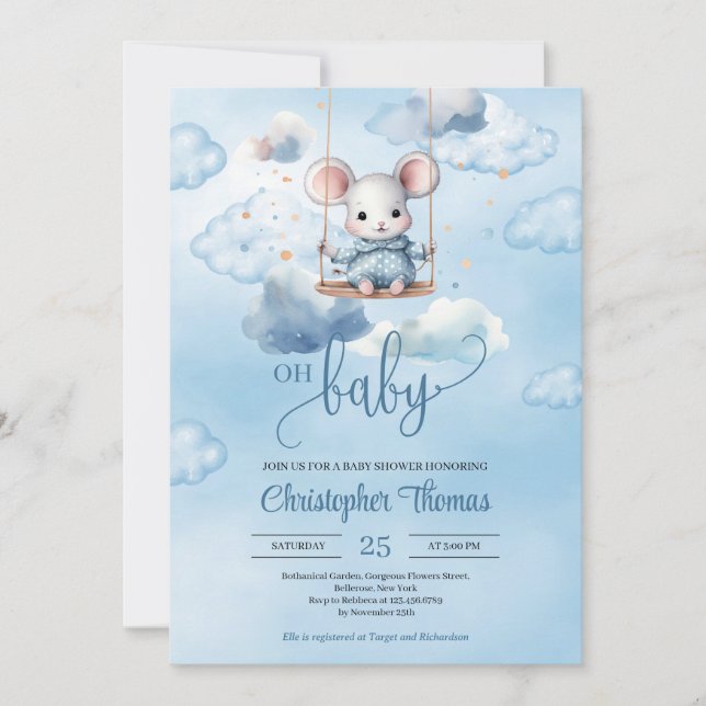 Vattenfärgsmus baby vid svängning i blå himmel inbjudningar (Framsida)