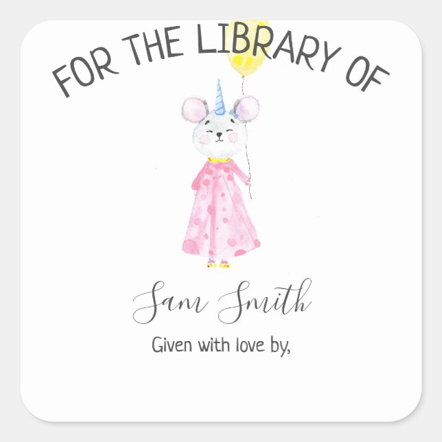 Vattenfärgsmus - bibliotek i fyrkantigt klistermärke (Framsida)