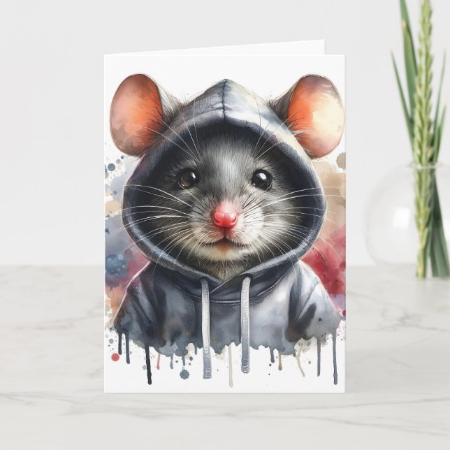 Vattenfärgsmus i Grått Hoodie Stänk Art Kort (Framsida)