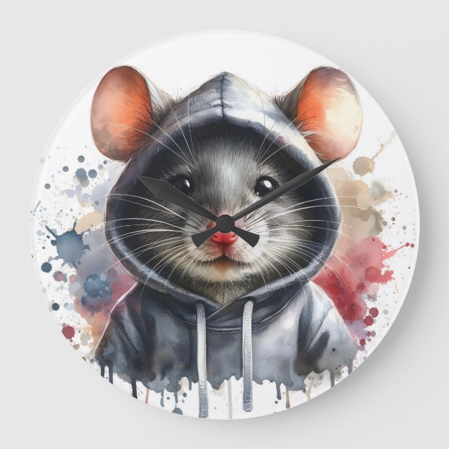 Vattenfärgsmus i Grått Hoodie Stänk Art Stor Klocka (Framsida)
