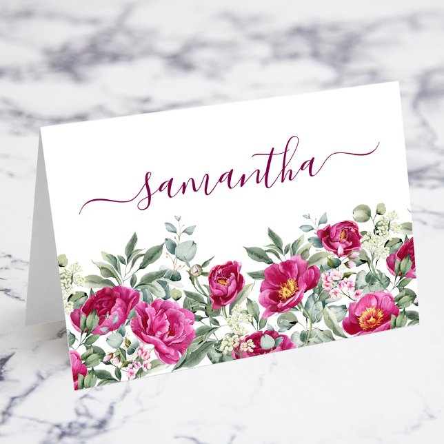 Vattenfärgsnålar, individuellt monteringskort för  bordsnummer (Watercolor Hot Pink Peonies Individual Place Card)