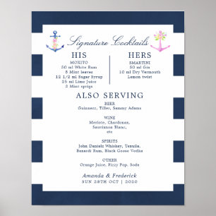 VattenfärgsNautical Blommigt Namnteckning Cocktail Poster
