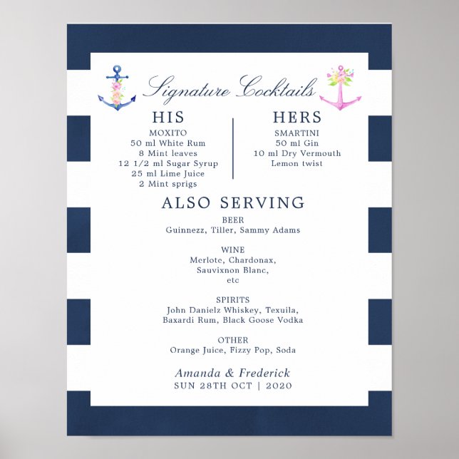 VattenfärgsNautical Blommigt Namnteckning Cocktail Poster (Framsidan)