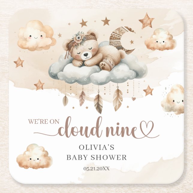 Vattenfärgsneutralt könsneutralt nalle moln 9 underlägg papper kvadrat (Framsidan)