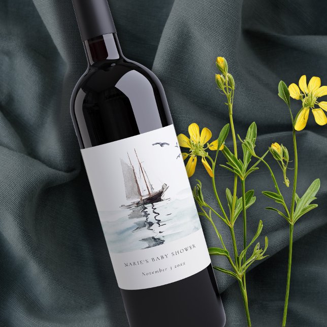 Vattenfärgsnos för Nautical Sailing Yacht Baby Sho Vinflaska Etikett (Skapare uppladdad)