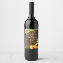 Vattenfärgsolblommor på träet ser mousserande Vin Vinflaska Etikett