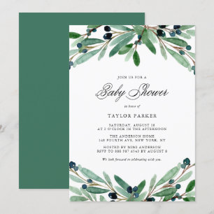 Vattenfärgsoliver och Greenery Baby Shower Inbjudningar