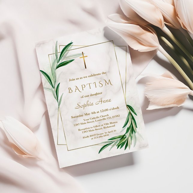 Vattenfärgsolja Olive Löv Marble Baptism Inbjudningar (Skapare uppladdad)
