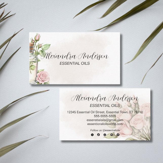 Vattenfärgsolja Ro Blommigt Aromaterapi Essential  Visitkort (Watercolor Rose Floral Aromatherapy Essential Oils Business Card)