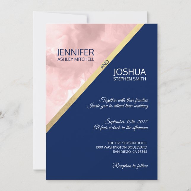 Vattenfärgsolja Rosa Navy Blue & Gold Foil Bröllop Inbjudningar (Framsida)