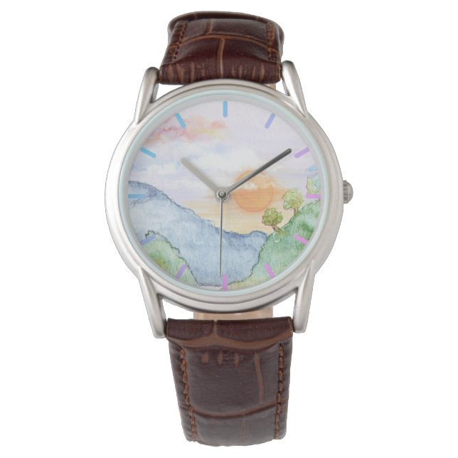 Vattenfärgsolnedgång över bergen och Träd Armbandsur (Framsida)