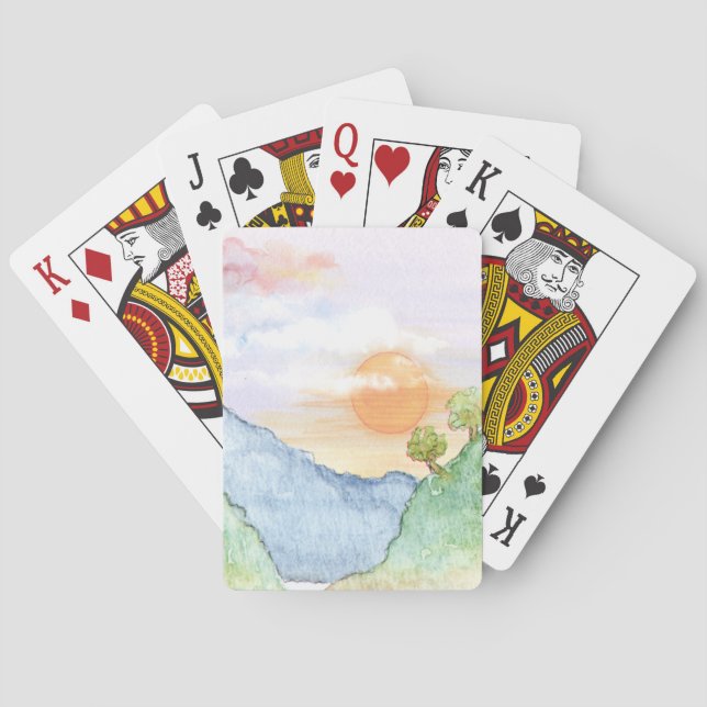 Vattenfärgsolnedgång över bergen och Träd Casinokort (Baksidan)