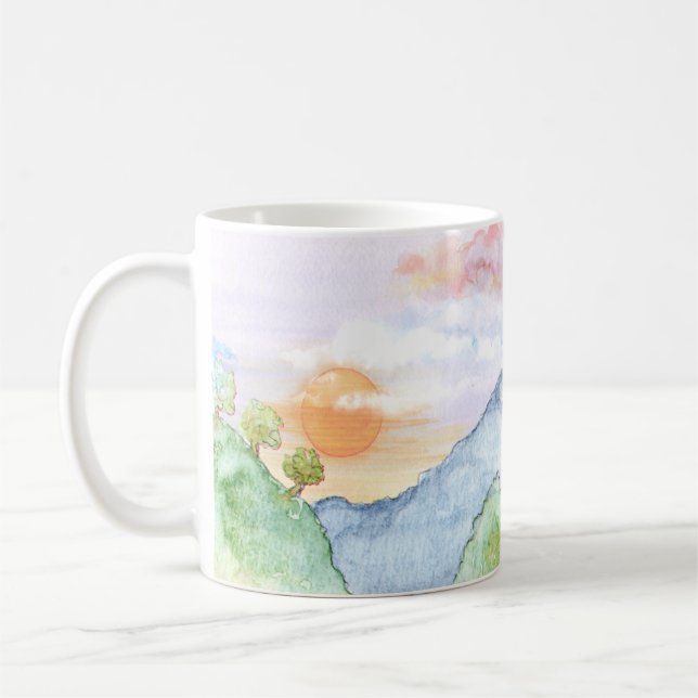 Vattenfärgsolnedgång över bergen och Träd Kaffemugg (Vänster)