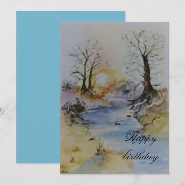 Vattenfärgsolnedgång vid flod och landskap (Fram/baksida)