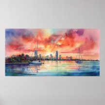 Vattenfärgsolnedgången över Miami från Biscayne Ba