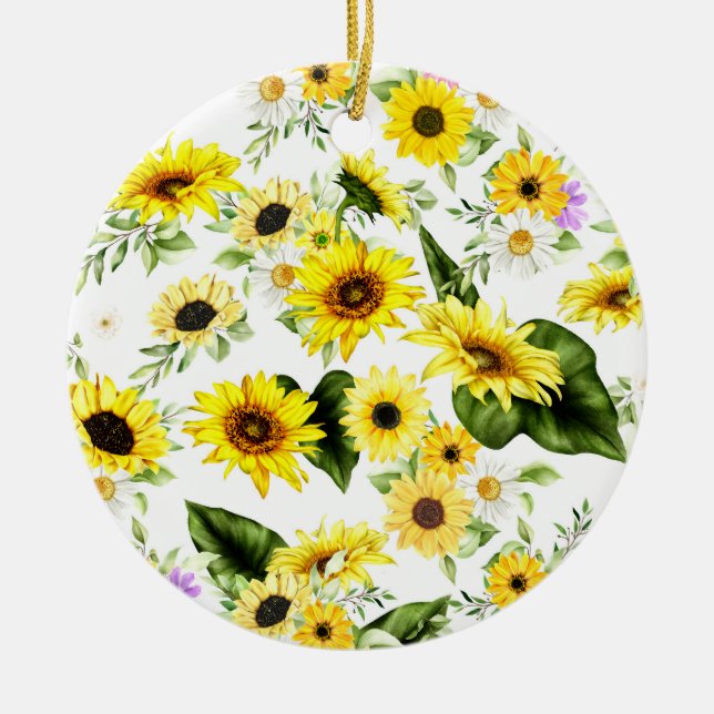 Vattenfärgsolrosblomma 7 julgransprydnad keramik (Framsidan)