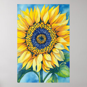 Vattenfärgsolrosor på en Himmel blå bakgrund Poster