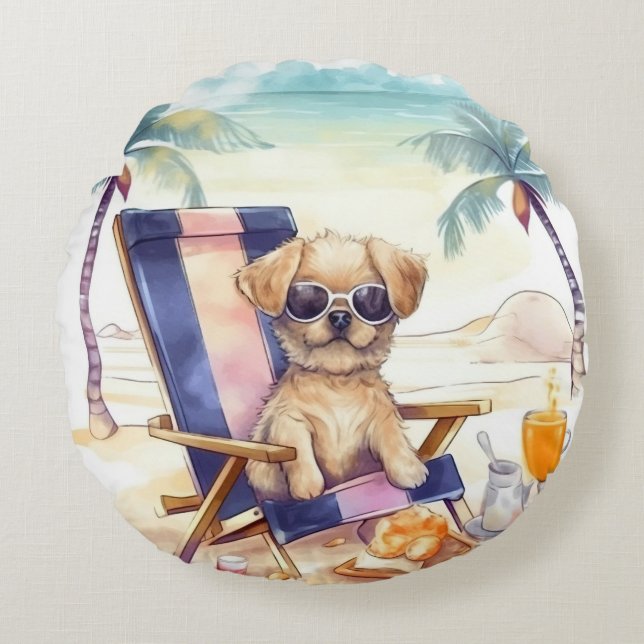 VATTENFÄRGSOMMER PÅ HUND PÅ BEACH RUND KUDDE (Framsidan)