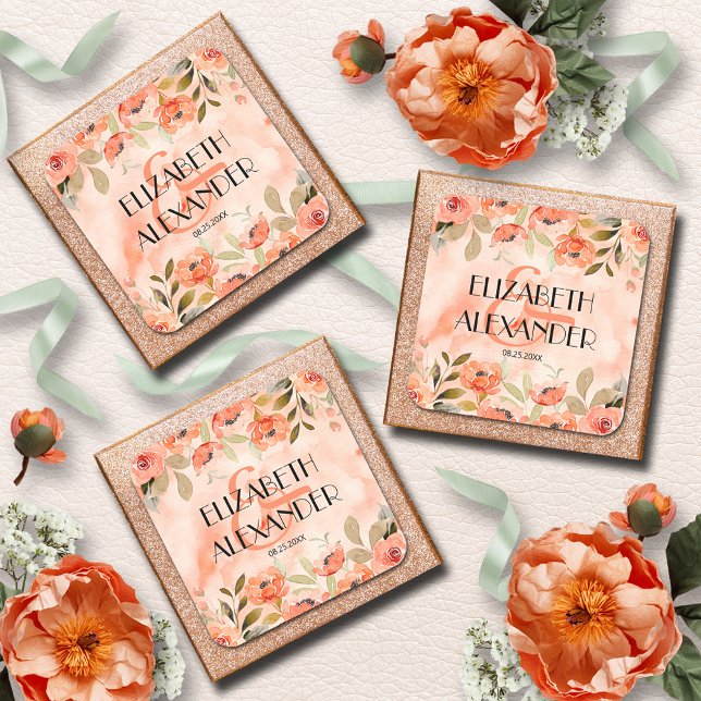 VattenfärgsOrange Blommigt Bröllop Fyrkantigt Klistermärke (Wedding Watercolor Orange Floral 3" Square Stickers)