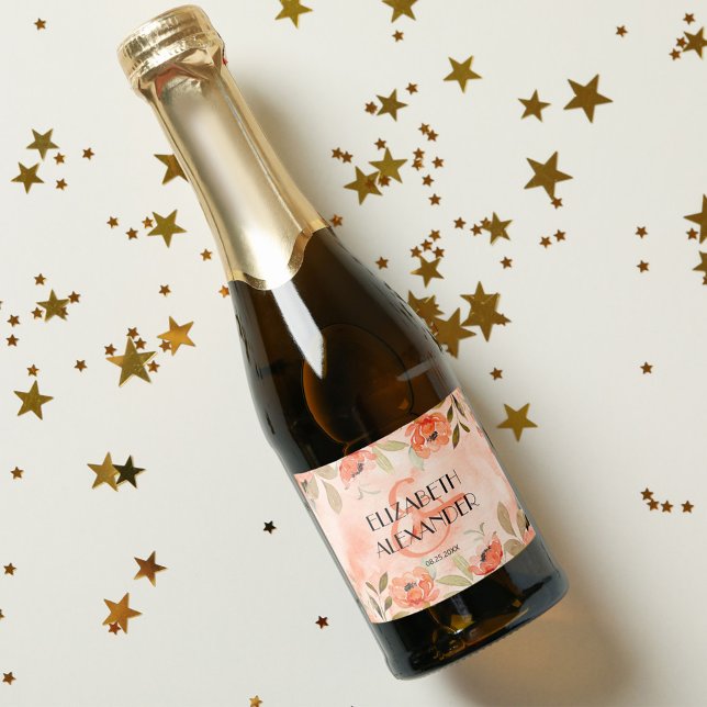 VattenfärgsOrange Blommigt Bröllop Mini (Watercolor orange floral wedding mini sparkling wine bottle personalized labels)