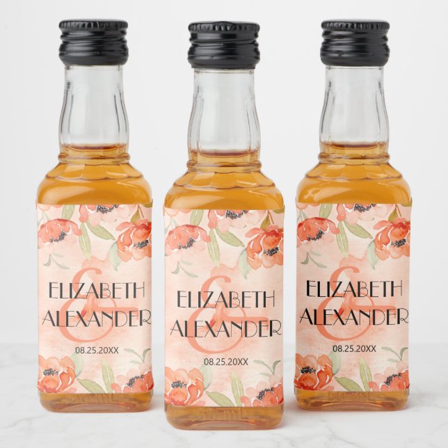 VattenfärgsOrange Blommigt Bröllop Mini Spritflaskor Etikett (Flaskor)