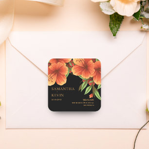 VattenfärgsOrange Blommigt Bröllop Tack Fyrkantigt Klistermärke